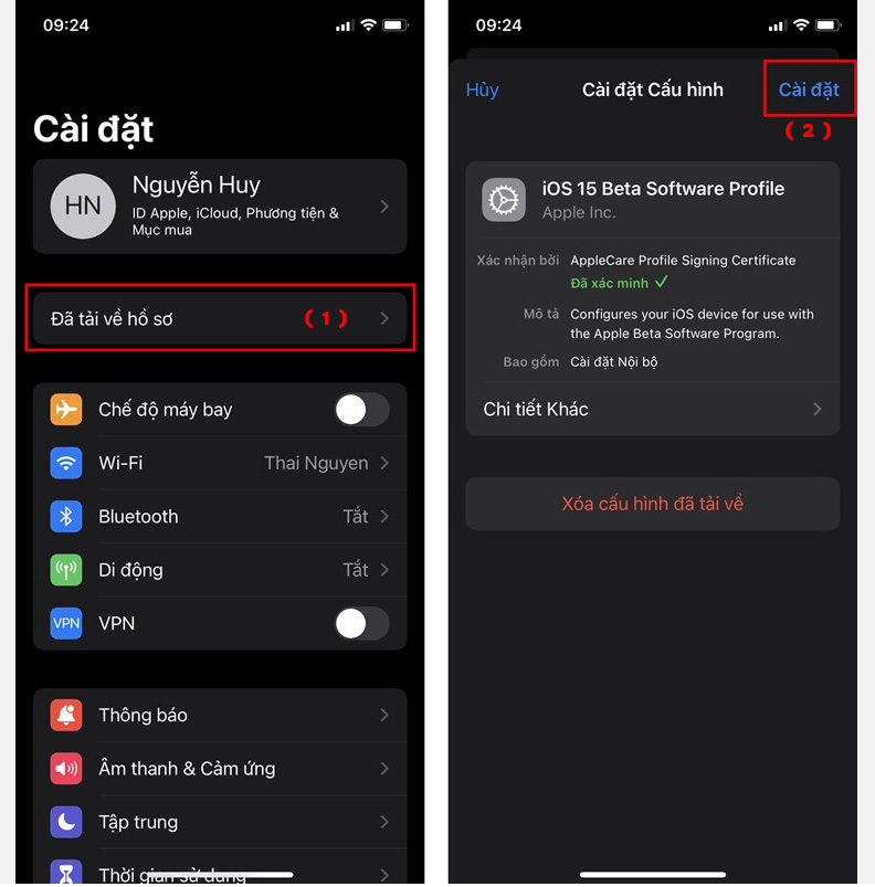 Cài đặt cấu hình iOS 15 Beta Software Profile.