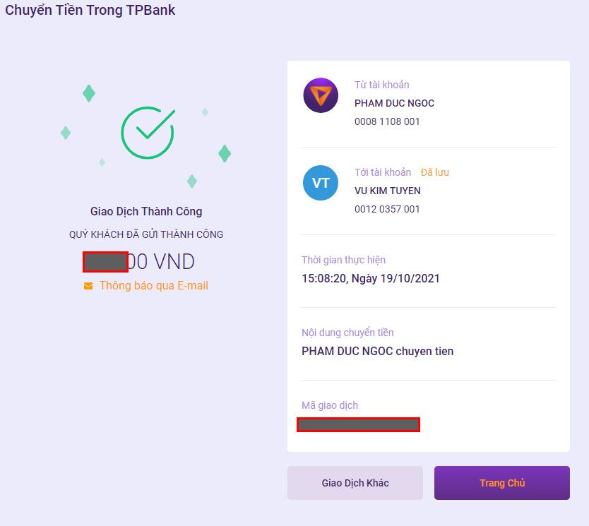 Xác nhận chuyển tiền xong