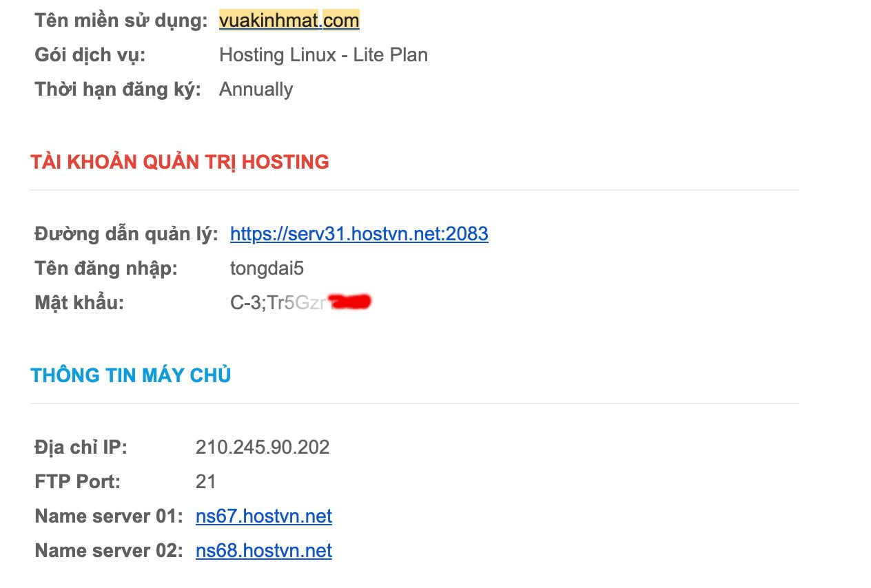 Thông tin đăng nhập Hosting